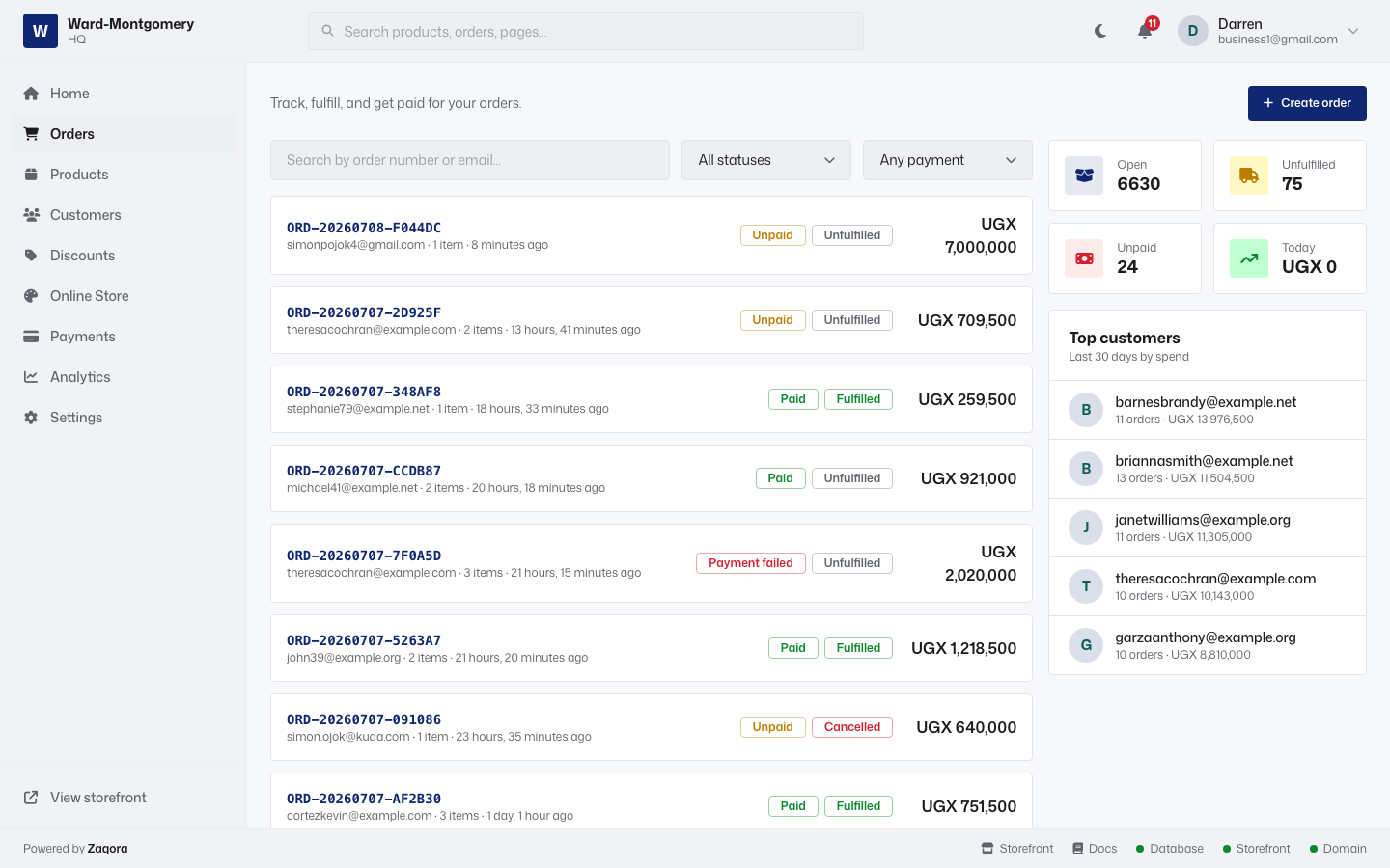 Orders list with payment and fulfillment status